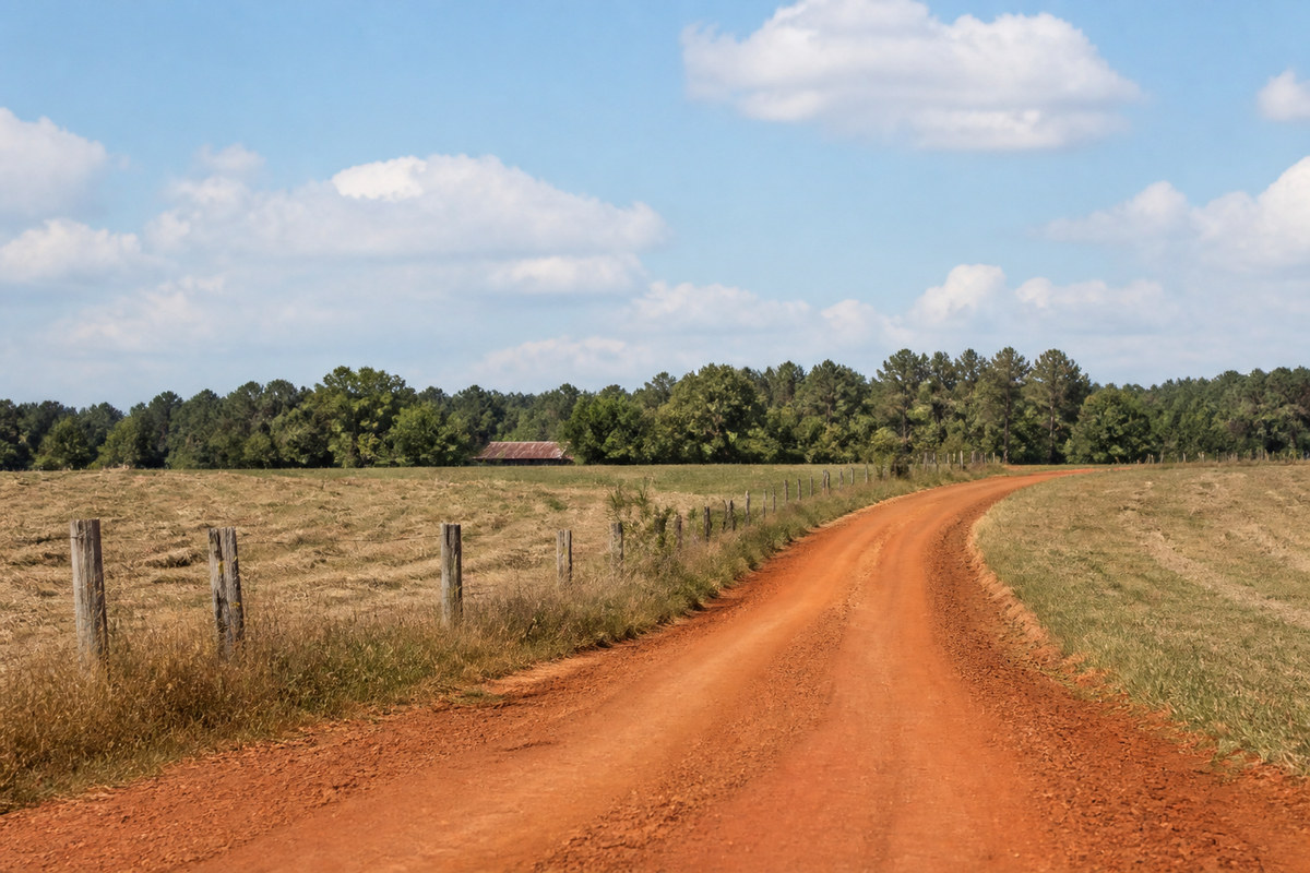 Rolling farmland and a red clay county road east of Athens, Georgia