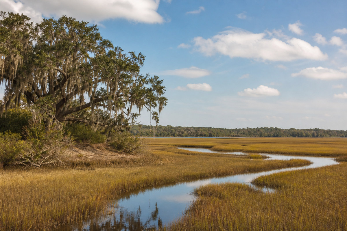 Tidal marsh and a live oak on the Georgia coast near Brunswick