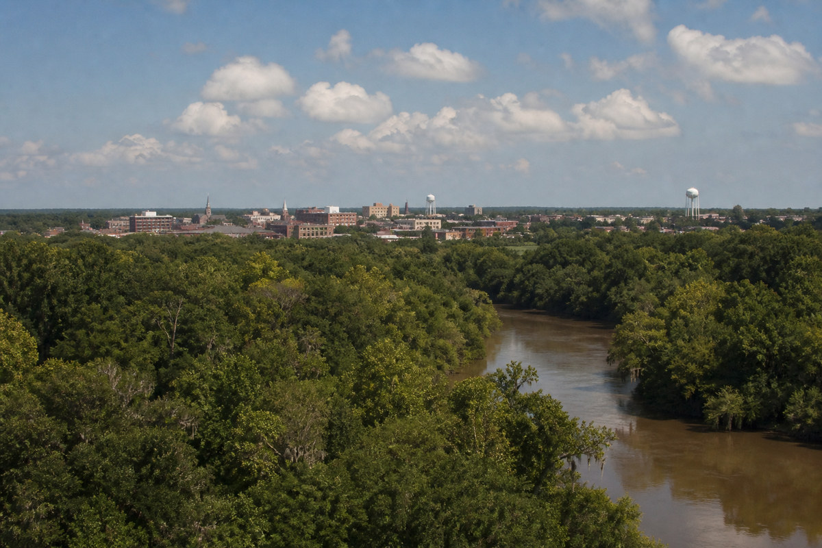 Macon rooftops and the Ocmulgee River bottom seen from a bluff
