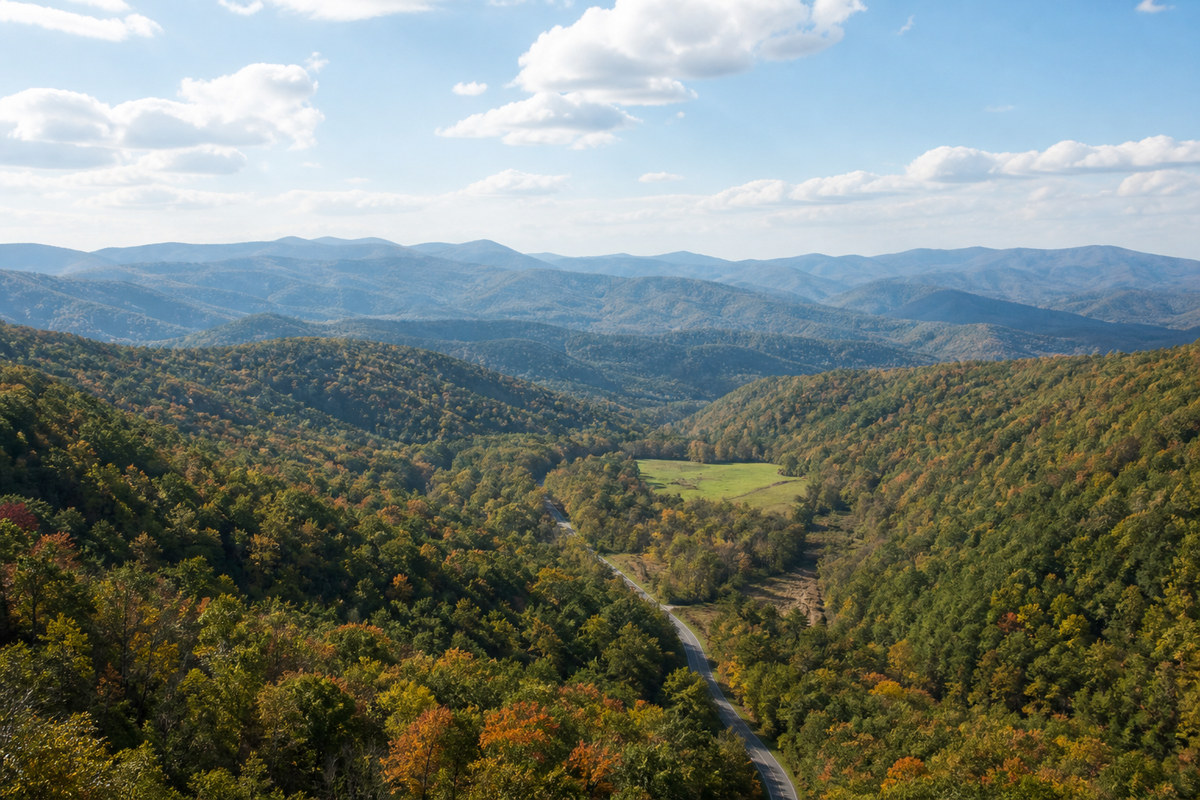 Ridge lines of the north Georgia mountains above a valley road in early fall