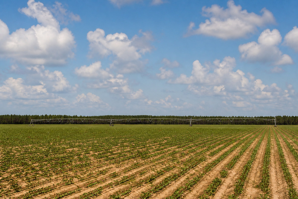 Flat south Georgia farmland with a center pivot and a pine line on the horizon
